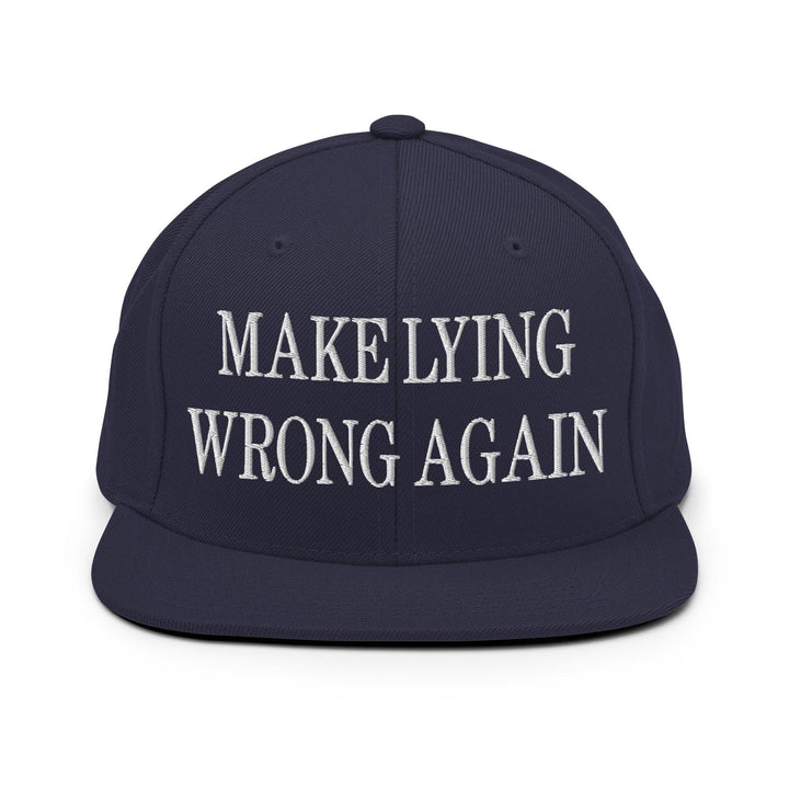 Make Lying Wrong Again Embroidered Flat Bill Brim Snapback Hat - Navy