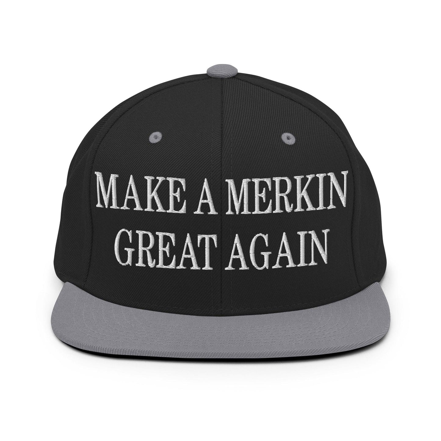 Make A Merkin Great Again Embroidered Flat Bill Brim Snapback Hat - Black/ Silver
