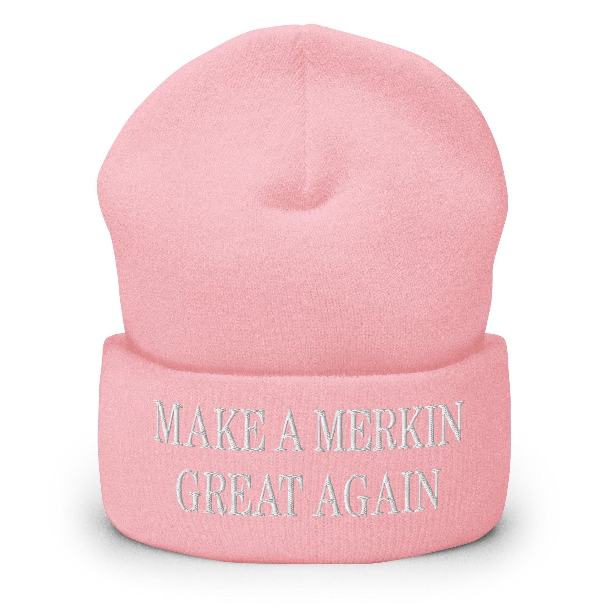 Make A Merkin Great Again Embroidered Knit Cuffed Beanie - Baby Pink