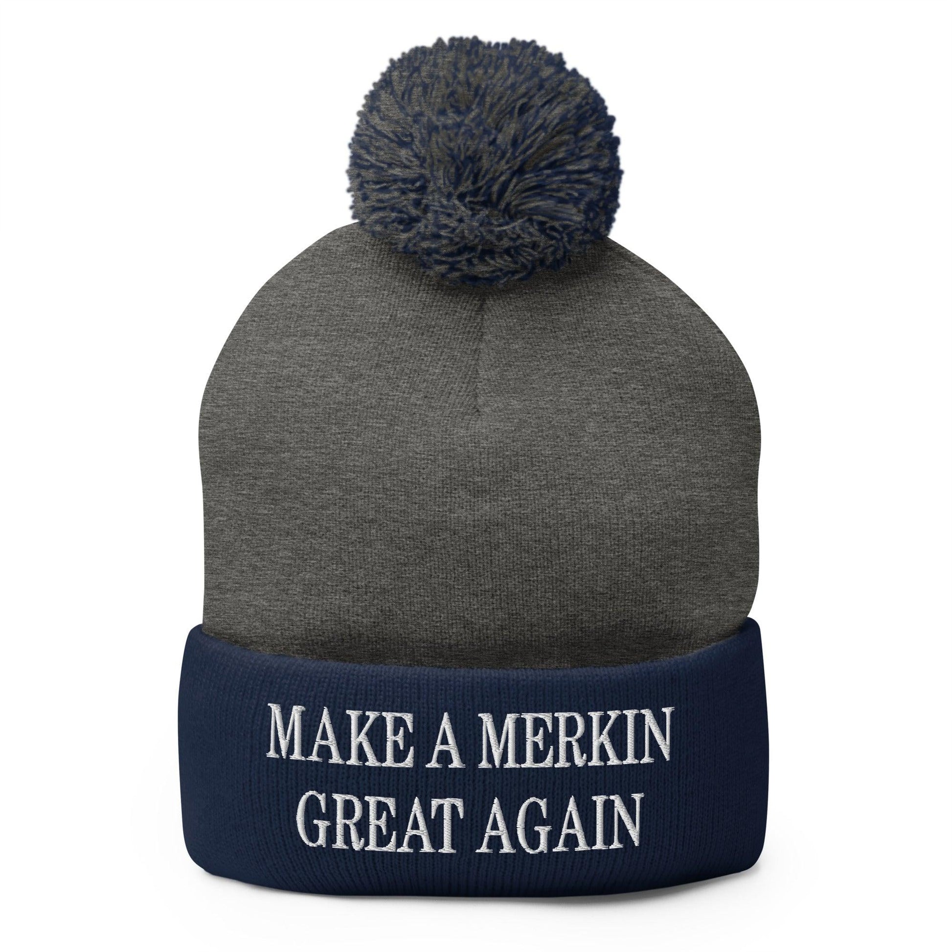 Make A Merkin Great Again Embroidered Knit Pom Beanie - Dark Heather Grey/ Navy