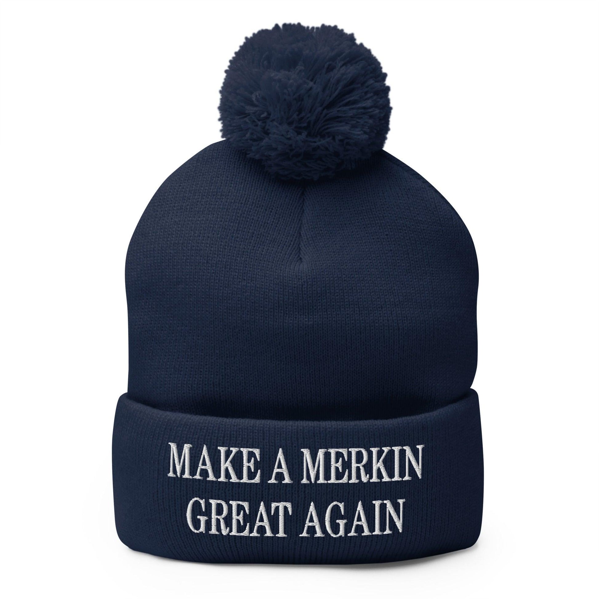 Make A Merkin Great Again Embroidered Knit Pom Beanie - Navy