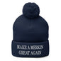 Make A Merkin Great Again Embroidered Knit Pom Beanie - Navy