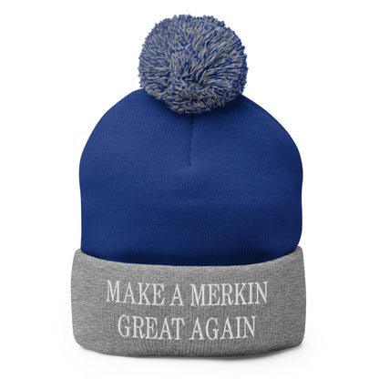 Make A Merkin Great Again Embroidered Knit Pom Beanie - Royal/ Heather Grey