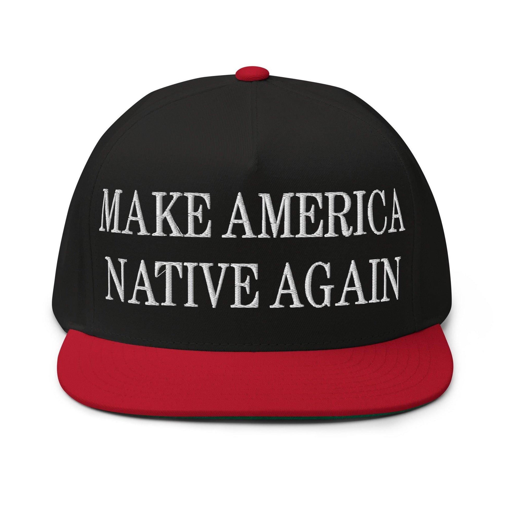 Make Us Native Again Embroidered 5 Panel Flat Bill Brim Snapback Hat - Black/ Red