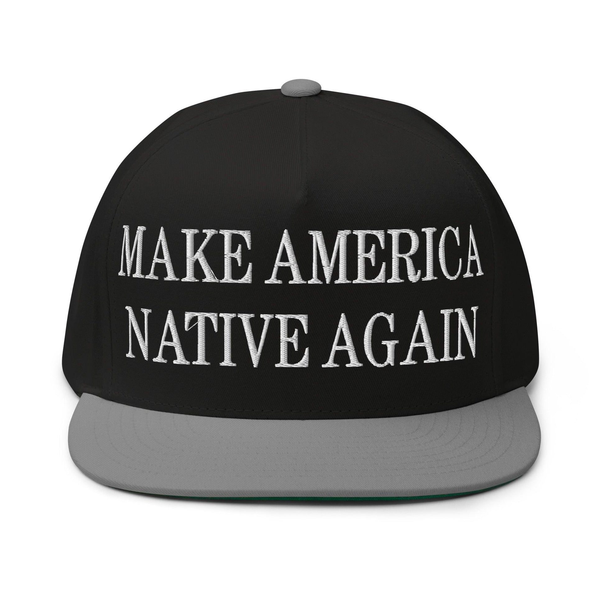 Make Us Native Again Embroidered 5 Panel Flat Bill Brim Snapback Hat - Black/ Grey
