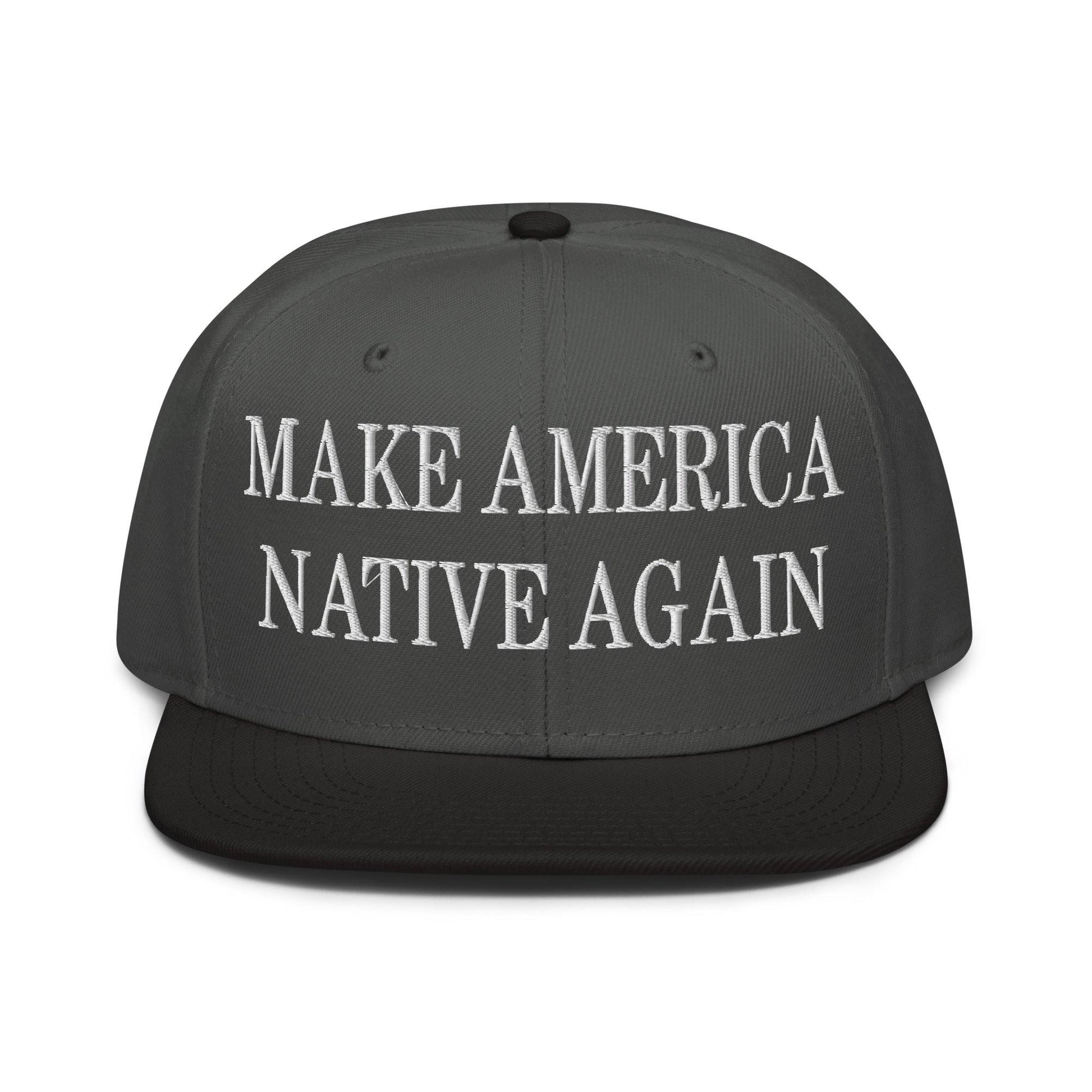 Make Us Native Again Embroidered Flat Brim Bill Snapback Hat - Black / Charcoal gray