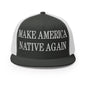 Make Us Native Again Embroidered Mesh Flat Bill Brim Trucker Hat - Charcoal/ White