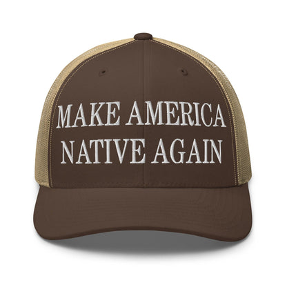 Make Us Native Again Embroidered Mesh Trucker Hat - Brown/ Khaki
