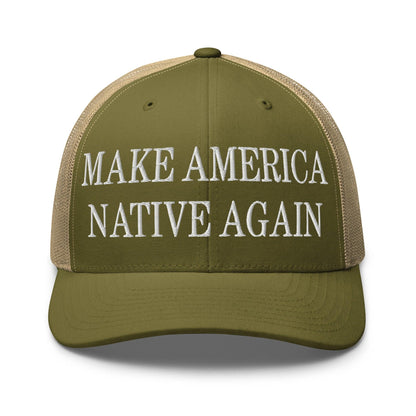 Make Us Native Again Embroidered Mesh Trucker Hat - Moss/ Khaki