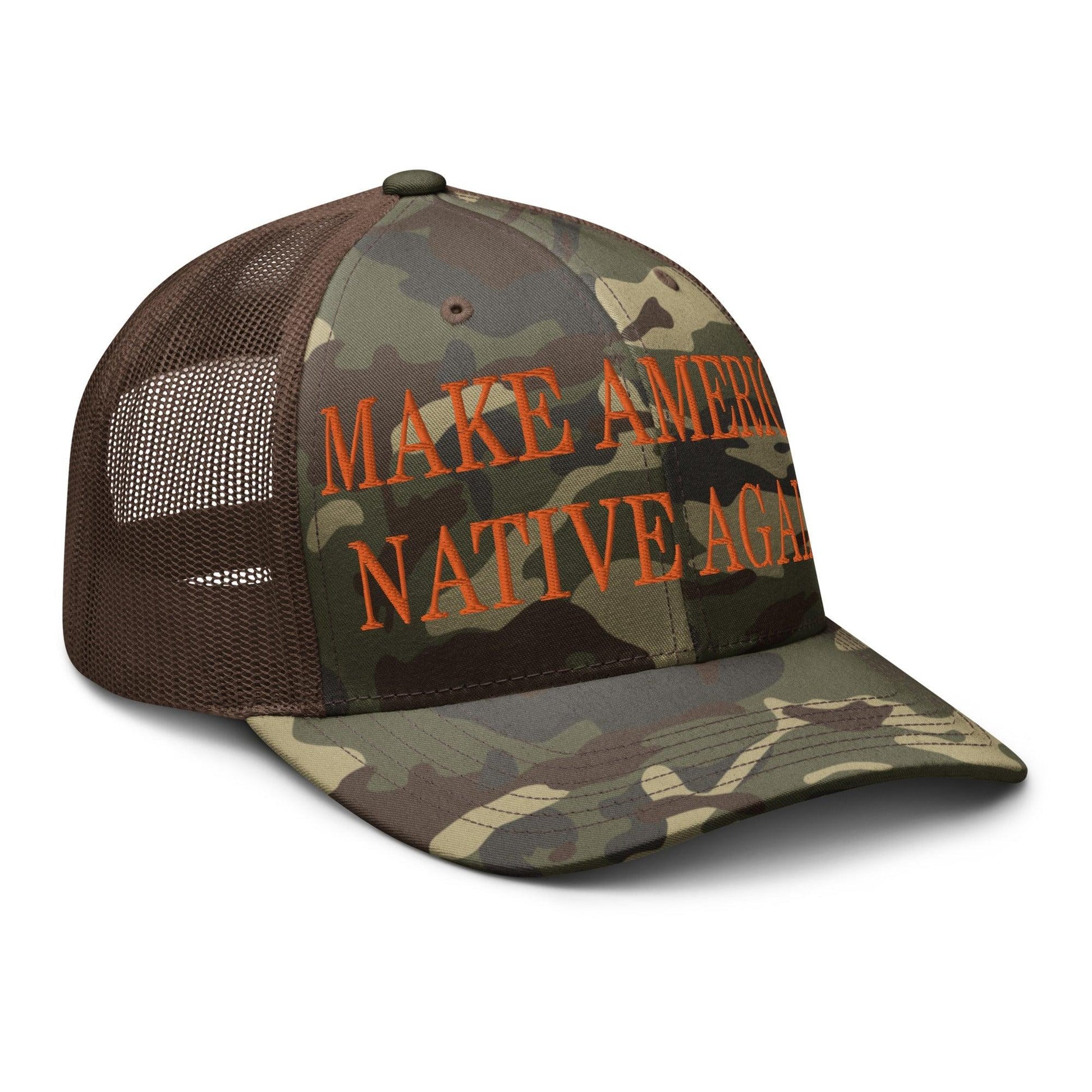 Make Us Native Again Embroidered Orange Camo Trucker Hat