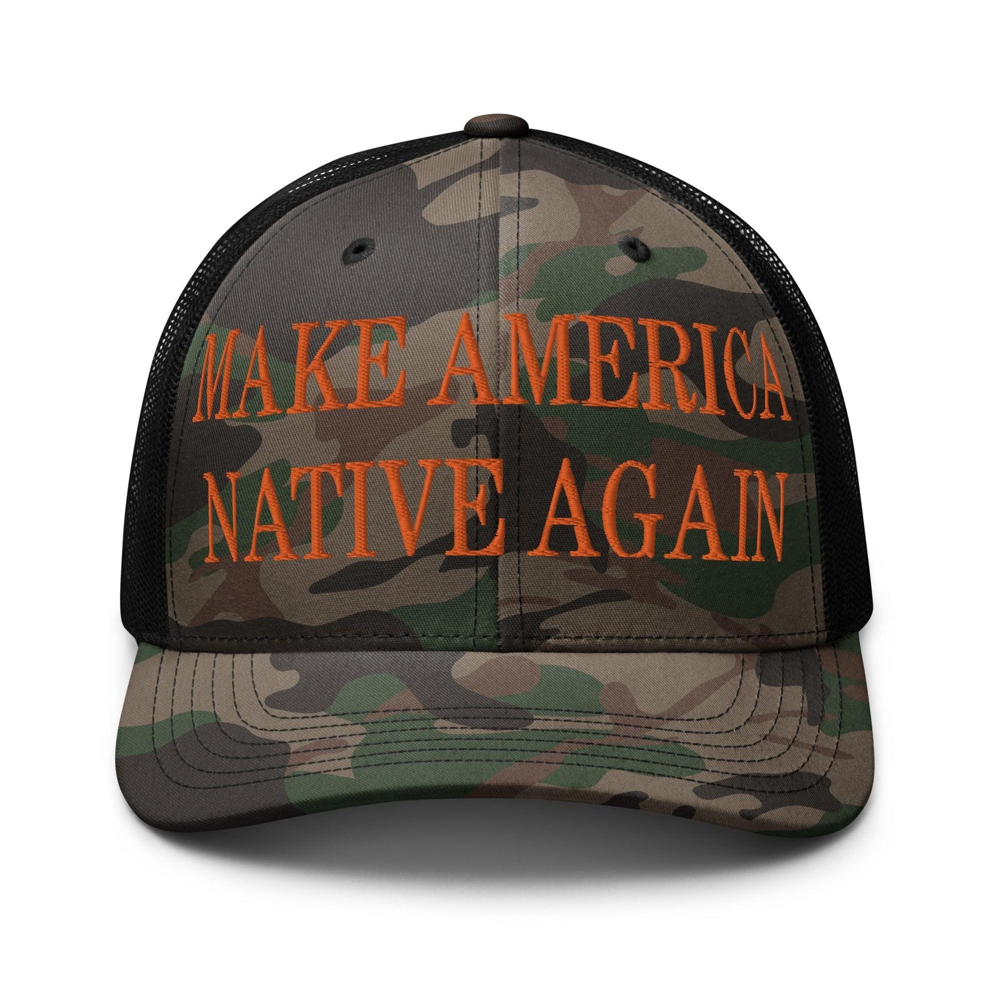 Make Us Native Again Embroidered Orange Camo Trucker Hat - Camo/Black