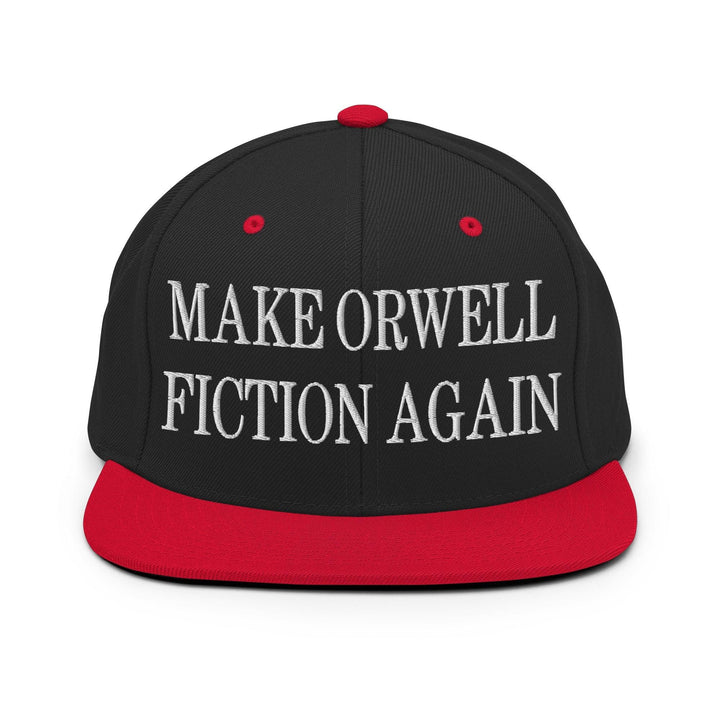 Make Orwell Fiction Again Embroidered Flat Bill Brim Snapback Hat - Black/ Red