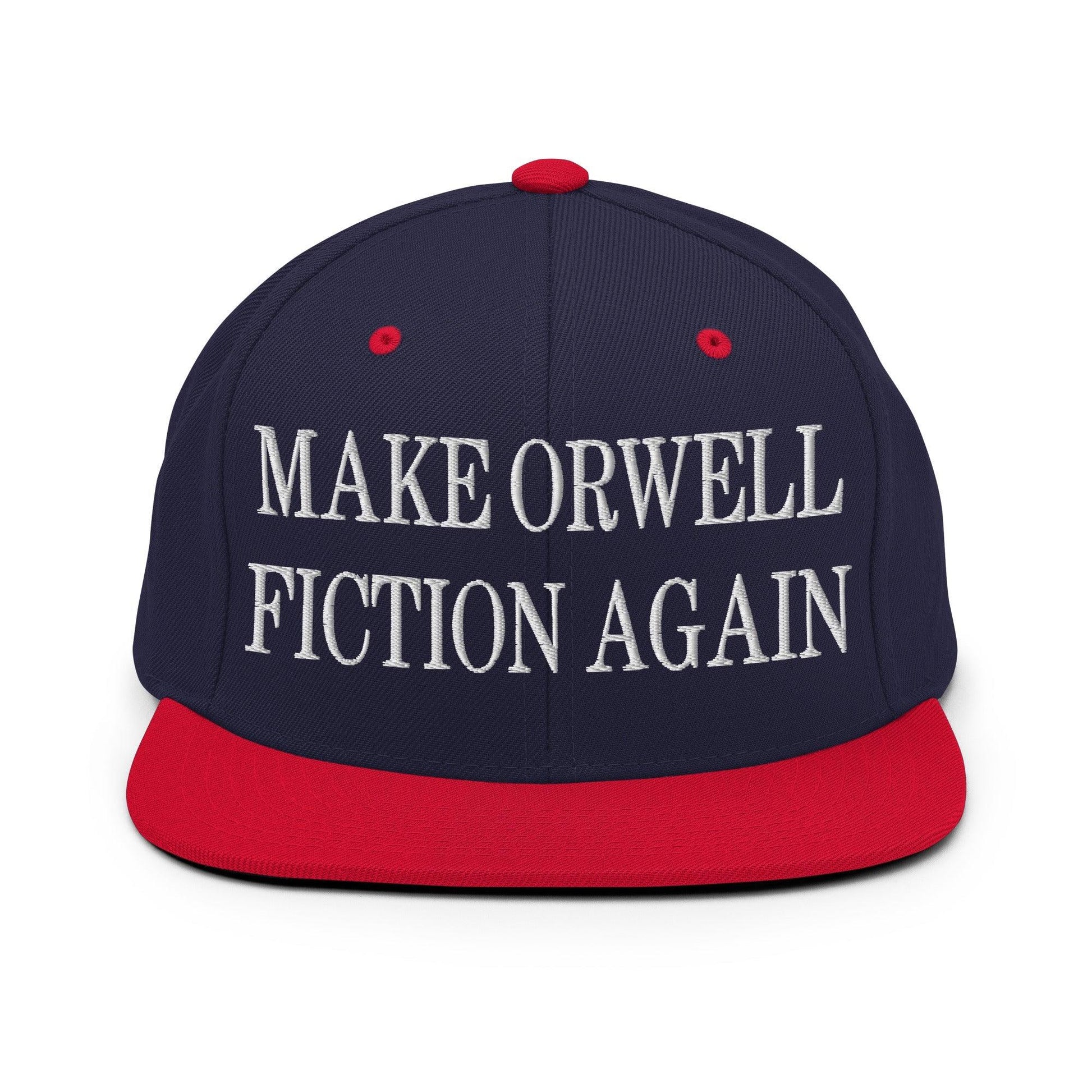 Make Orwell Fiction Again Embroidered Flat Bill Brim Snapback Hat - Navy/ Red
