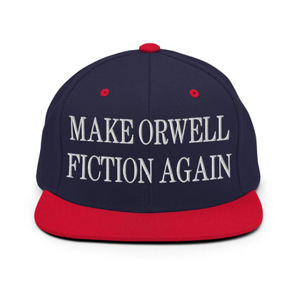 Make Orwell Fiction Again Embroidered Flat Bill Brim Snapback Hat - Navy/ Red
