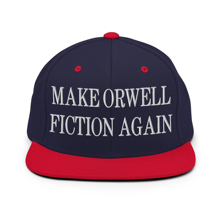 Make Orwell Fiction Again Embroidered Flat Bill Brim Snapback Hat - Navy/ Red