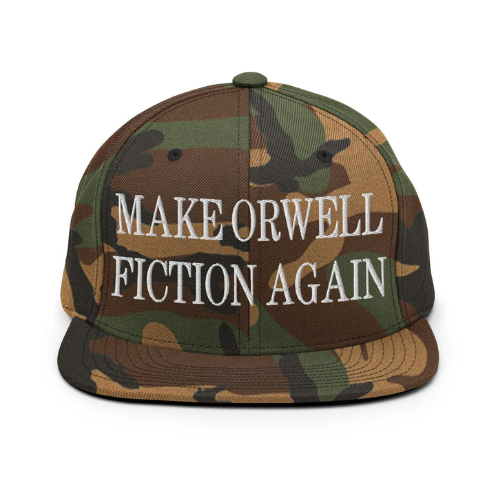 Make Orwell Fiction Again Embroidered Flat Bill Brim Snapback Hat - Green Camo
