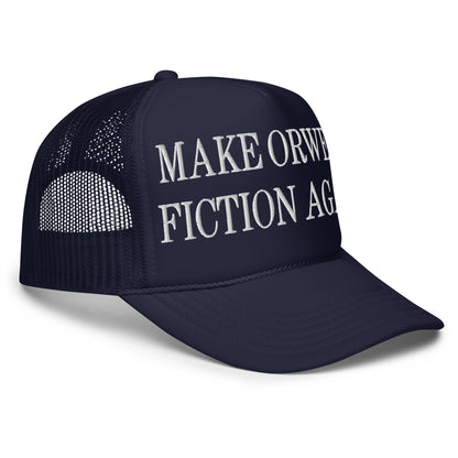Navy blue Make Orwell Fiction embroidered foam trucker hat for stylish headwear