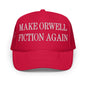 Red Make Orwell Fiction Embroidered Foam Trucker Hat featuring a classic foam trucker design
