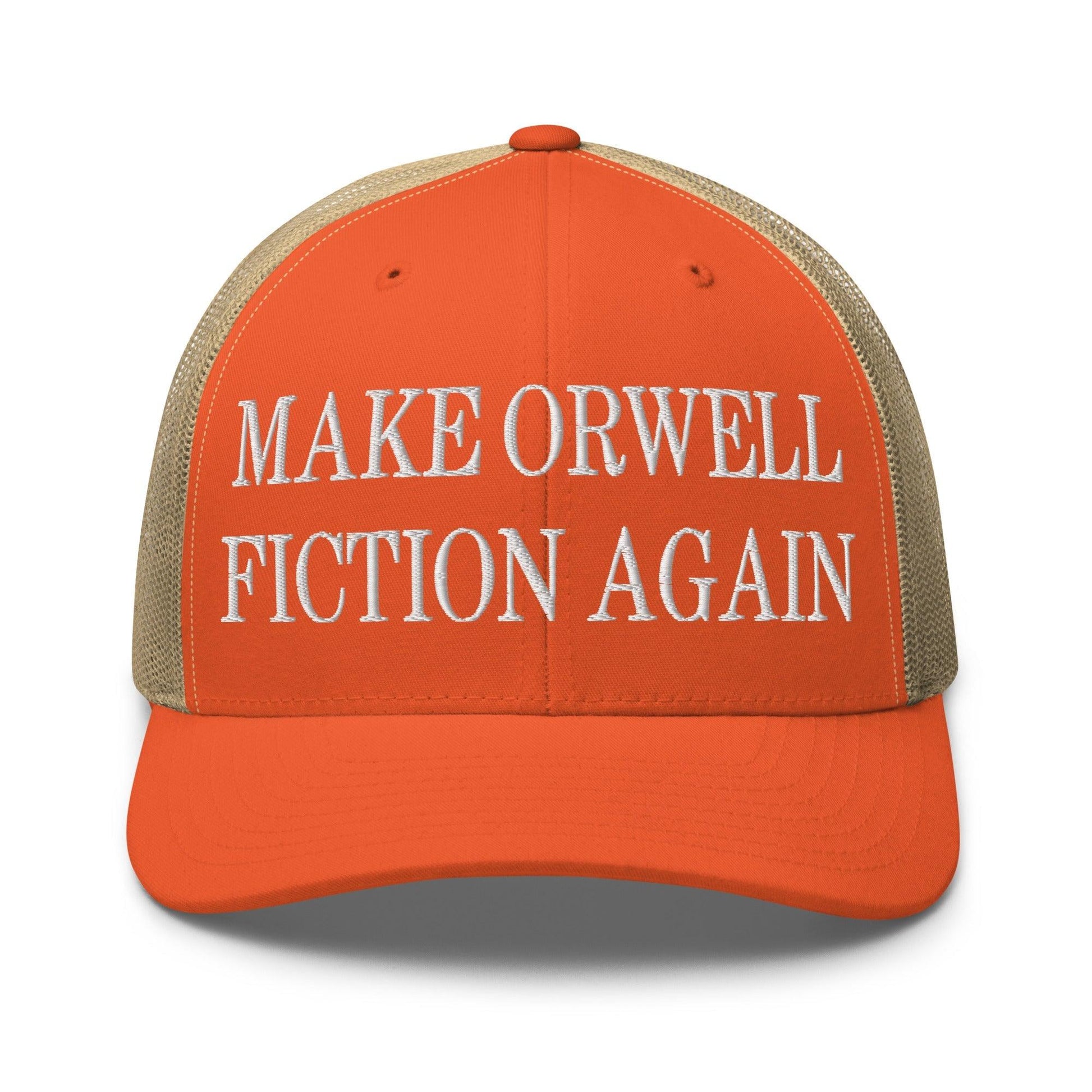 Make Orwell Fiction Again Embroidered Mesh Trucker Hat - Rustic Orange/ Khaki
