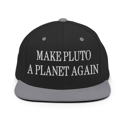 Make Pluto a Planet Again Embroidered Flat Bill Brim Snapback Hat - Black/ Silver