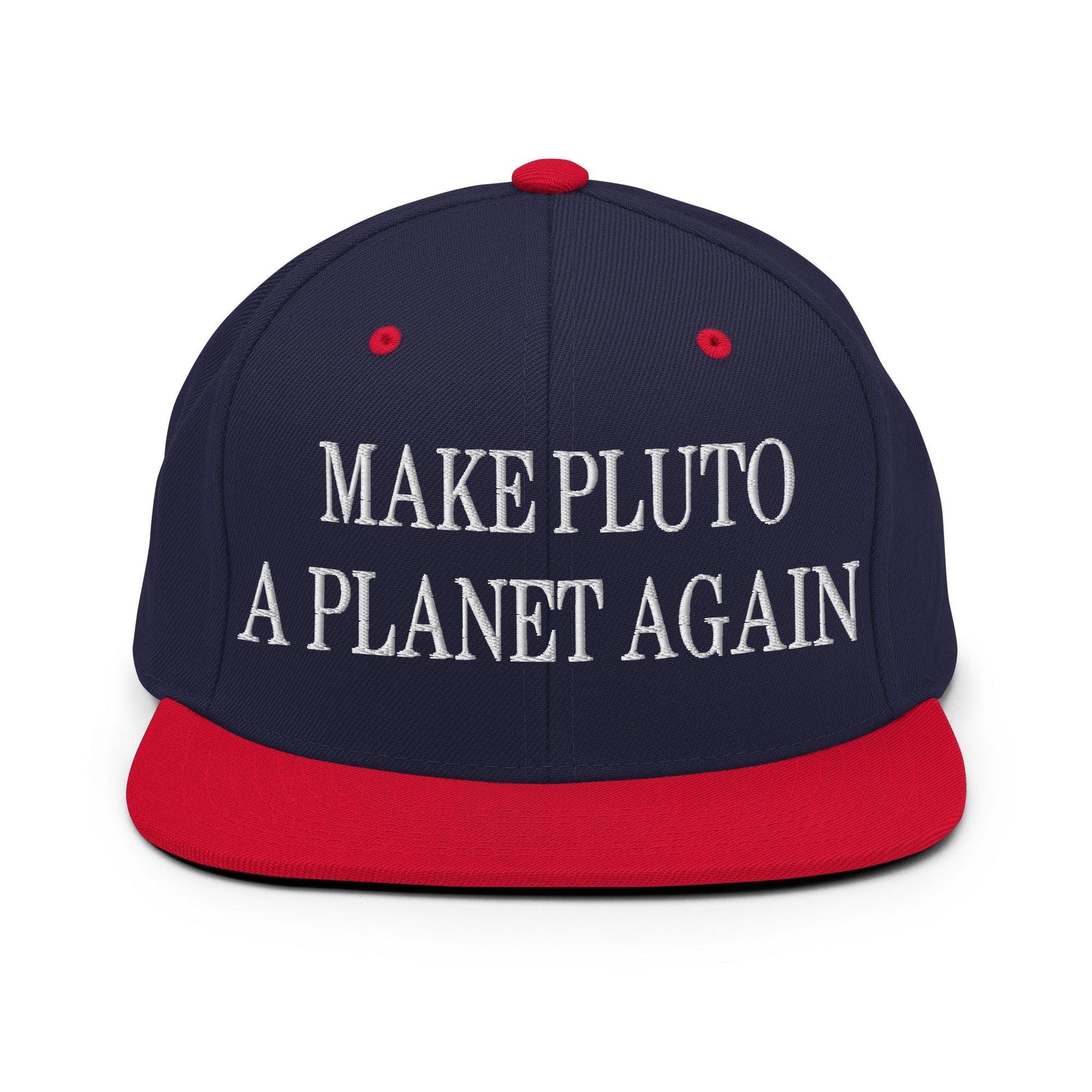 Make Pluto a Planet Again Embroidered Flat Bill Brim Snapback Hat - Navy/ Red