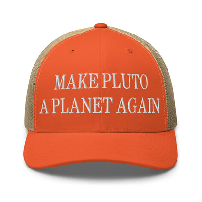 Make Pluto a Planet Again Embroidered Mesh Trucker Hat - Rustic Orange/ Khaki