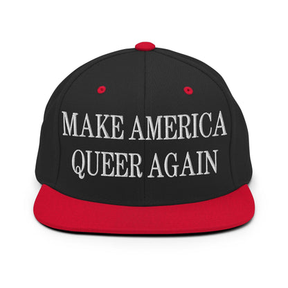 Make Us Queer Again Embroidered Flat Bill Brim Snapback Hat - Black/ Red
