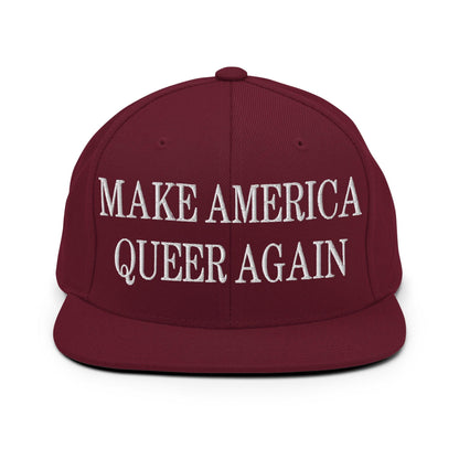 Make Us Queer Again Embroidered Flat Bill Brim Snapback Hat - Maroon