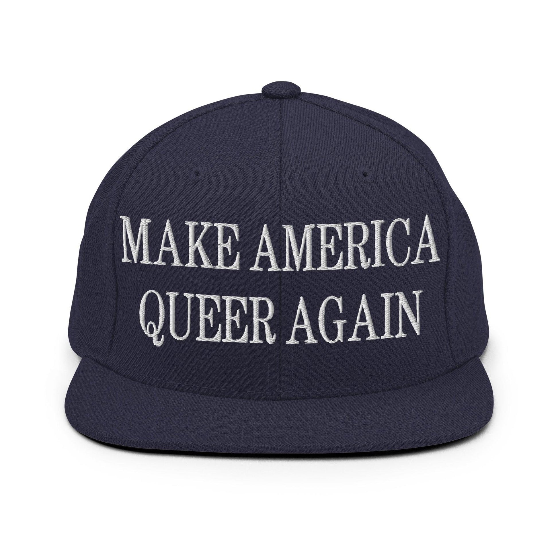 Make Us Queer Again Embroidered Flat Bill Brim Snapback Hat - Navy