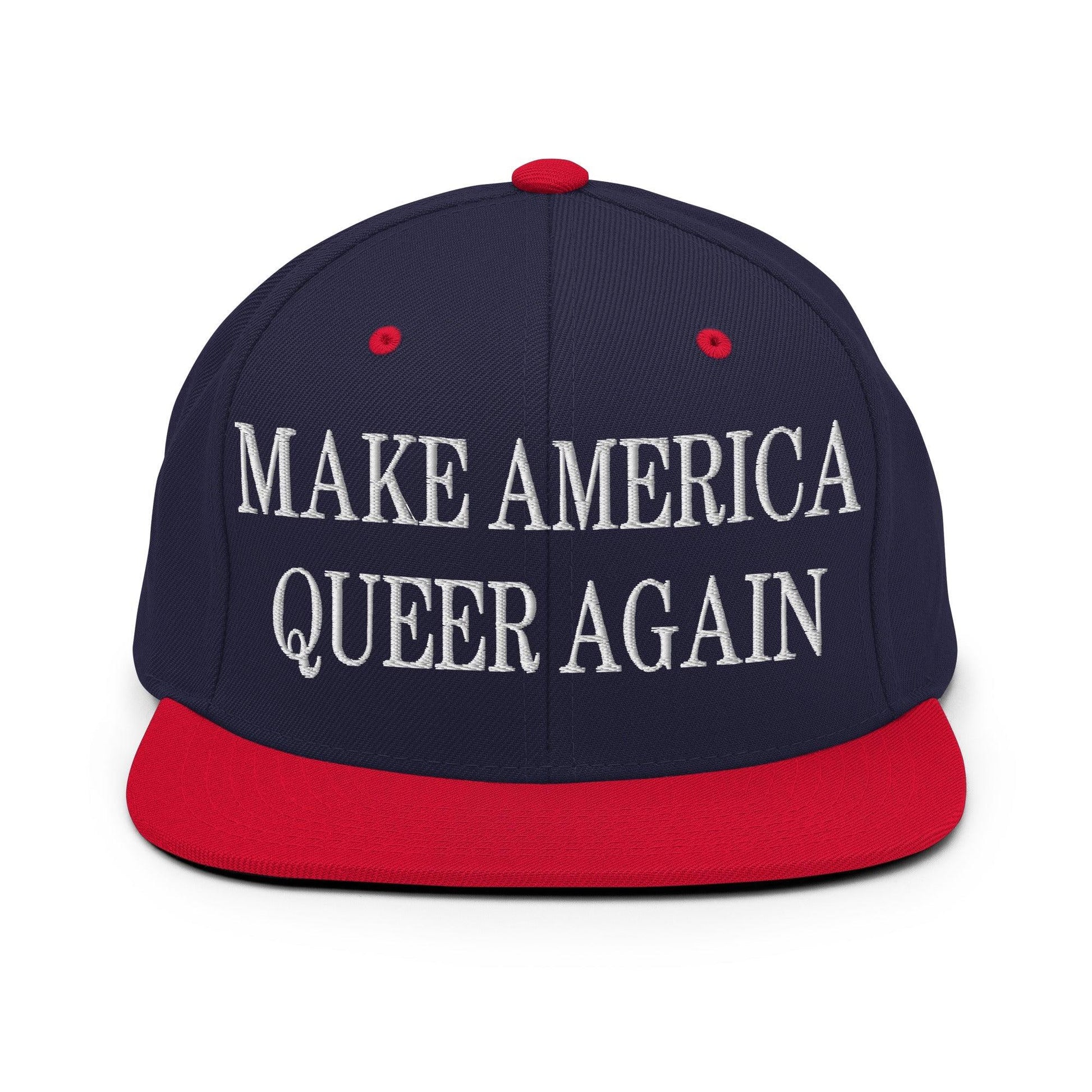 Make Us Queer Again Embroidered Flat Bill Brim Snapback Hat - Navy/ Red