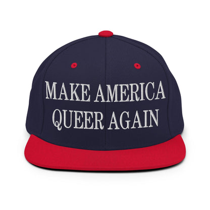 Make Us Queer Again Embroidered Flat Bill Brim Snapback Hat - Navy/ Red