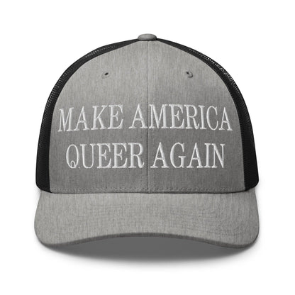 Make Us Queer Again Embroidered Mesh Trucker Hat - Heather/ Black