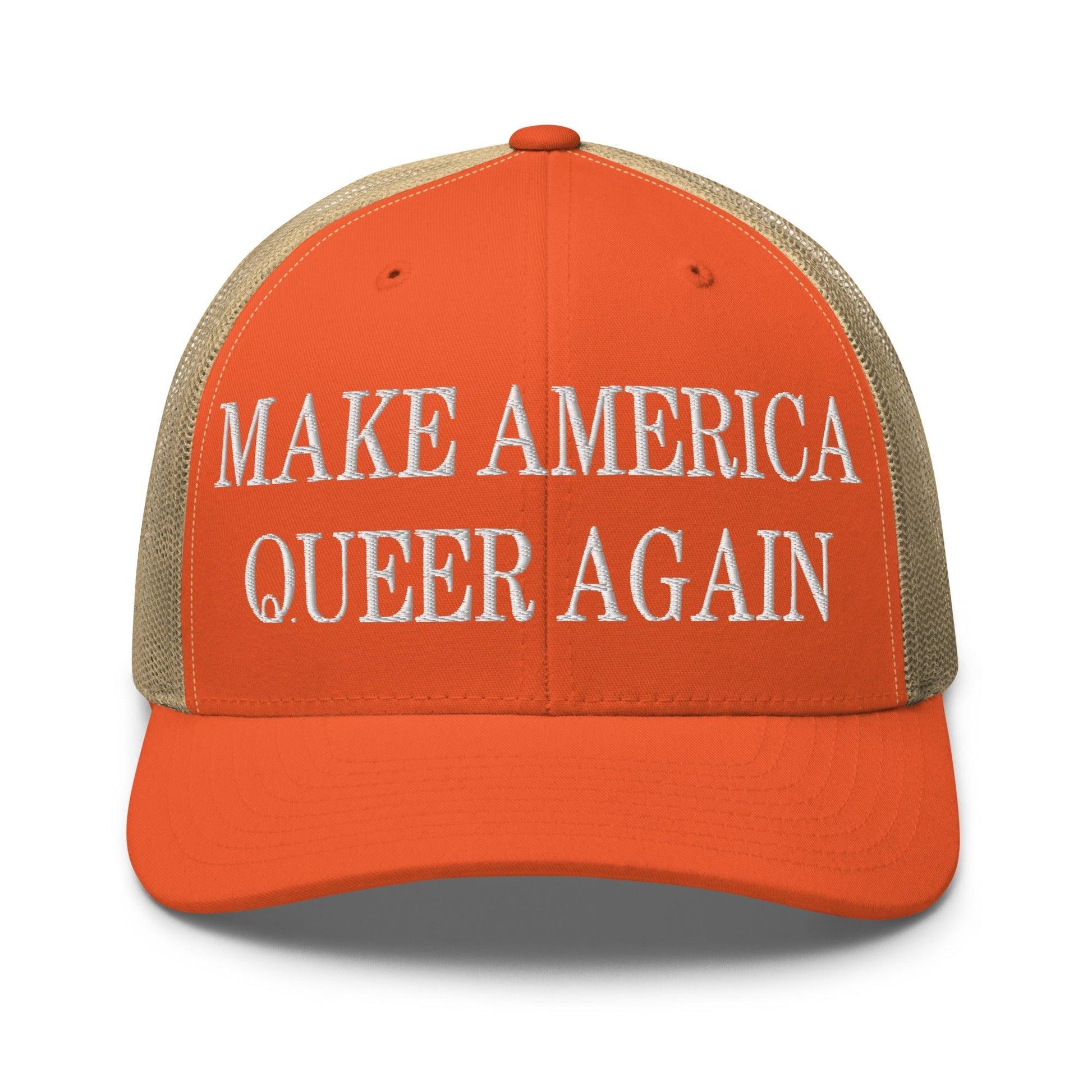 Make Us Queer Again Embroidered Mesh Trucker Hat - Rustic Orange/ Khaki
