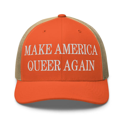 Make Us Queer Again Embroidered Mesh Trucker Hat - Rustic Orange/ Khaki