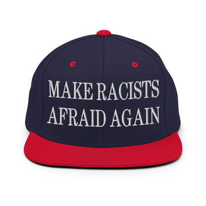 Make Racists Afraid Again Embroidered Flat Bill Brim Snapback Hat - Navy/ Red