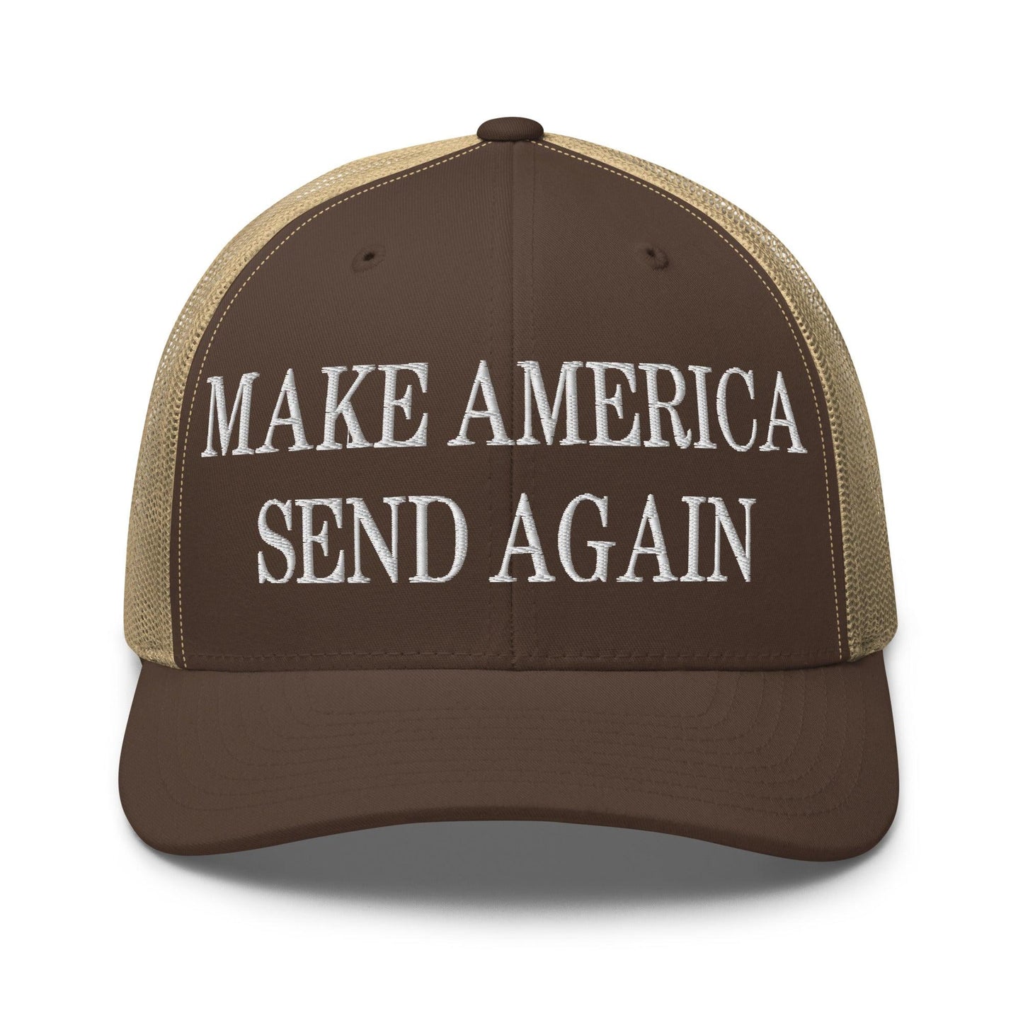 Make Us Send Again Embroidered Mesh Trucker Hat - Brown/ Khaki