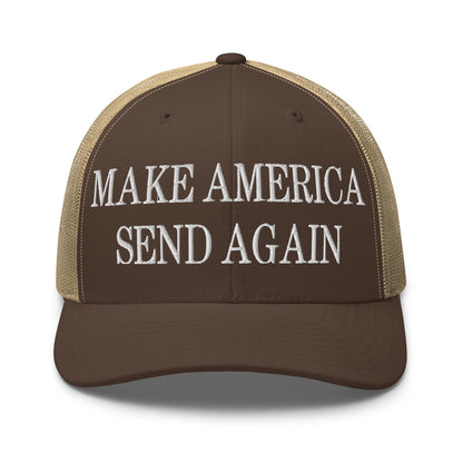 Make Us Send Again Embroidered Mesh Trucker Hat - Brown/ Khaki