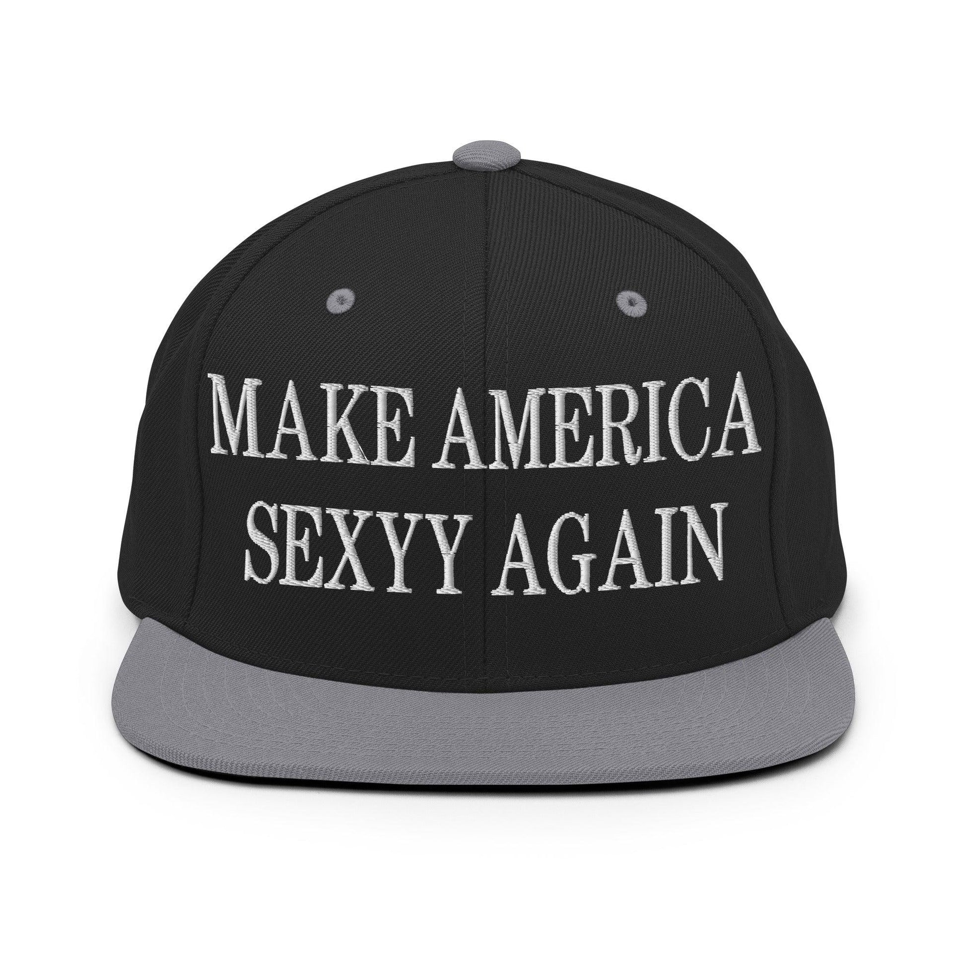 Make Us Sexyy Again Embroidered Flat Bill Brim Snapback Hat - Black/ Silver