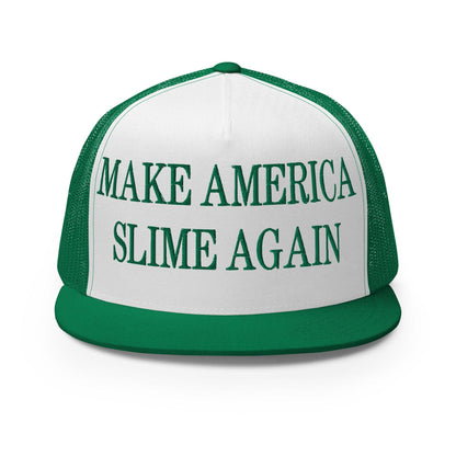 Make Us Slime Again Embroidered Flat Bill Brim Trucker Hat - Kelly/ White/ Kelly