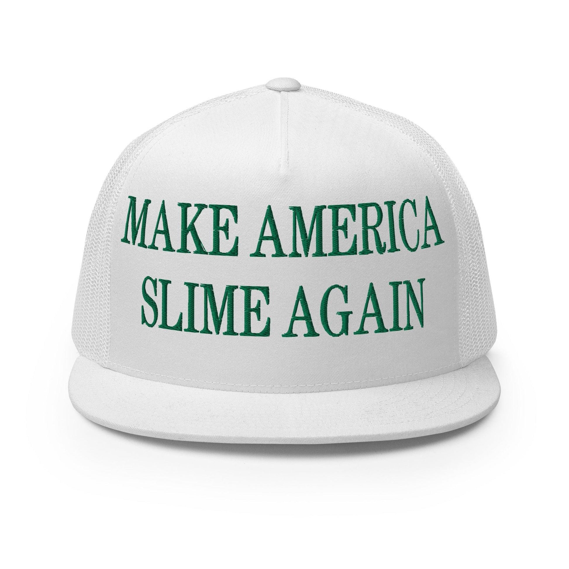 Make Us Slime Again Embroidered Flat Bill Brim Trucker Hat - White