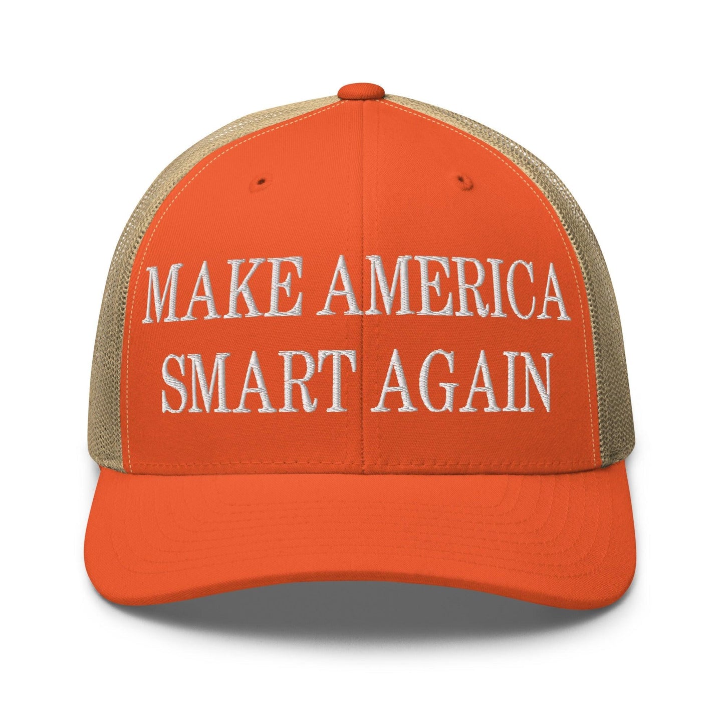 Make Us Smart Again Embroidered Mesh Trucker Hat - Rustic Orange/ Khaki