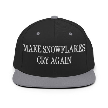Make Snowflakes Cry Again Embroidered Flat Bill Brim Snapback Hat - Black/ Silver