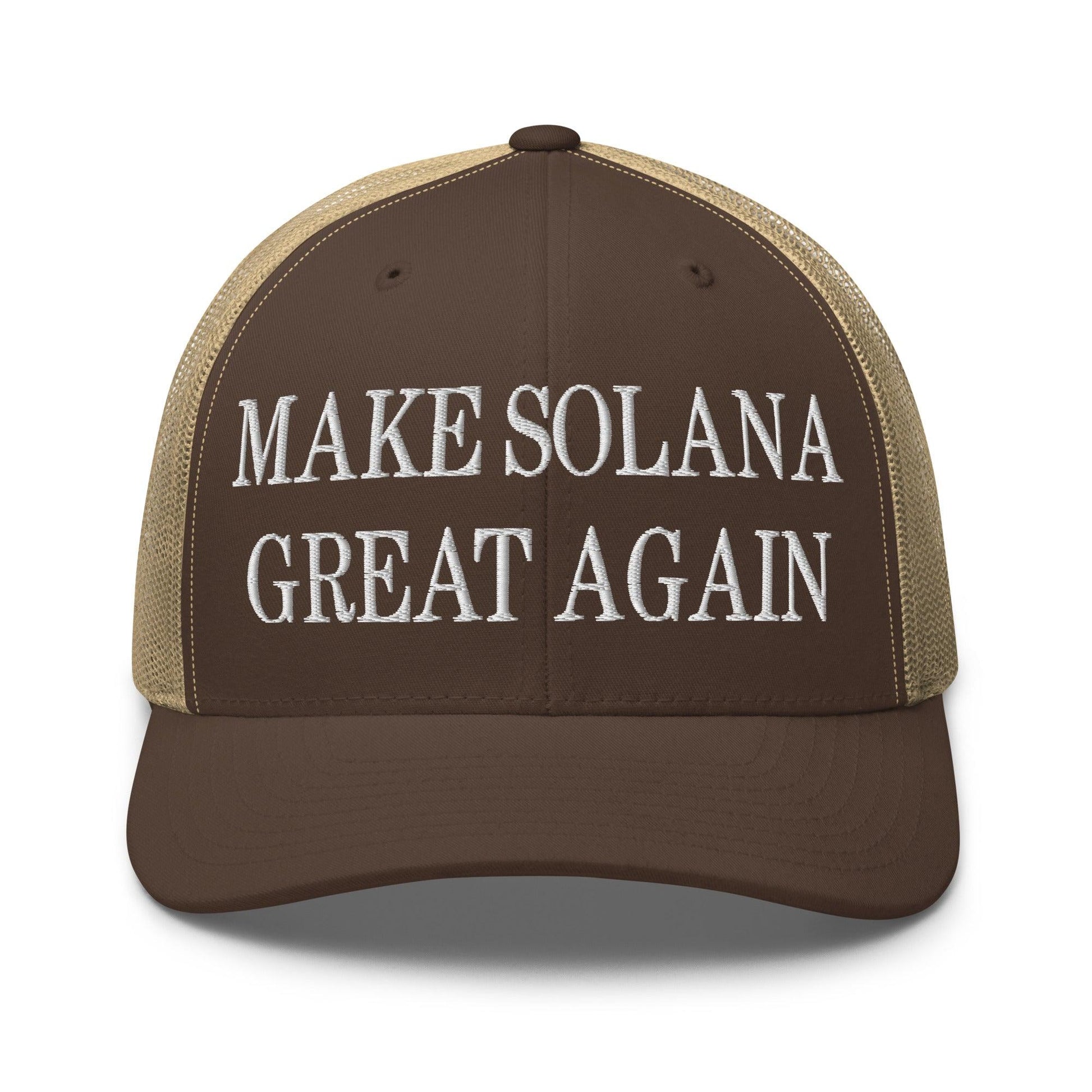 Brown Make Solana Great Again embroidered retro mesh trucker hat with classic style
