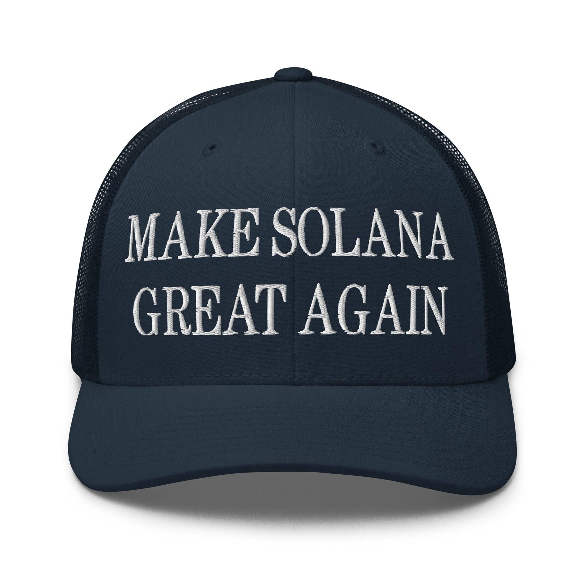 Dark blue Make Solana Great Again embroidered retro mesh trucker hat for stylish wear