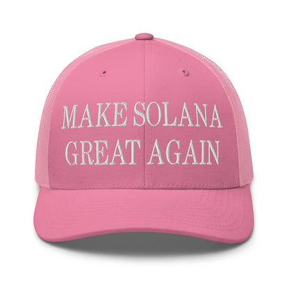 Pink trucker hat with embroidered retro mesh design for Make Solana Great Again collection