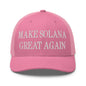 Pink trucker hat with embroidered retro mesh design for Make Solana Great Again collection