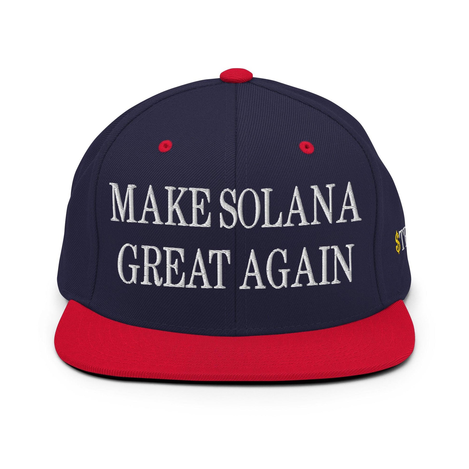 Navy and red baseball cap with embroidered Make Solana Great Again and Trump Meme Coin logos