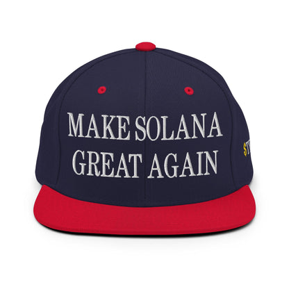 Navy and red baseball cap with embroidered Make Solana Great Again and Trump Meme Coin logos