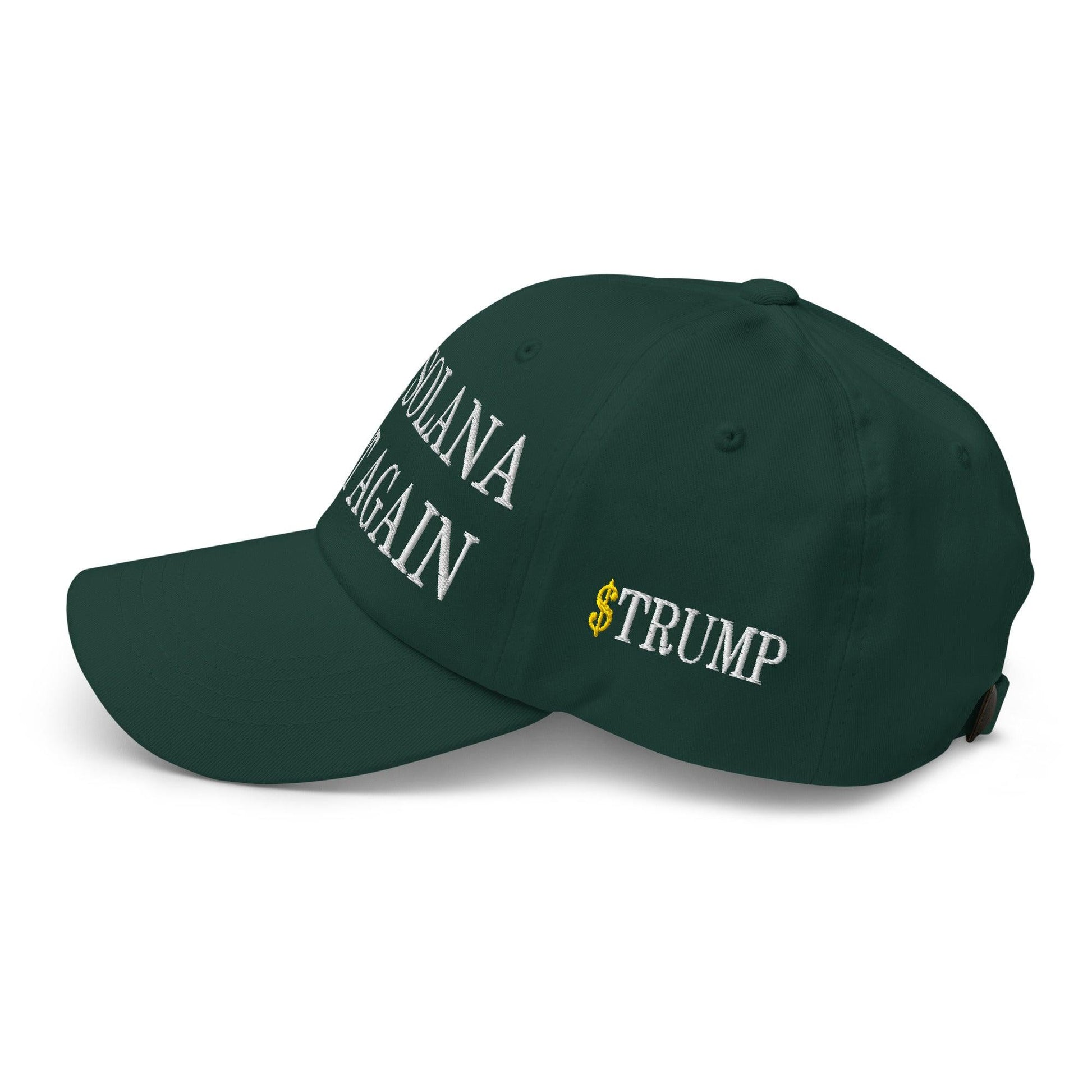 Green baseball cap featuring embroidery with Make Solana Great and Trump meme coin logos