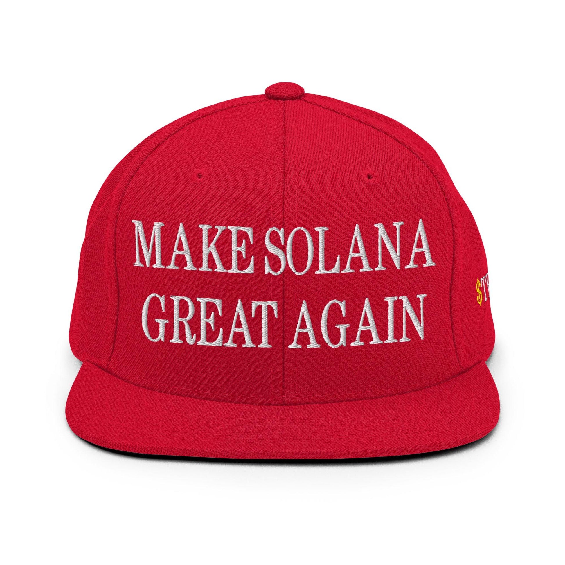 Red baseball cap with embroidery, official Trump meme coin, Make Solana Great Again logo